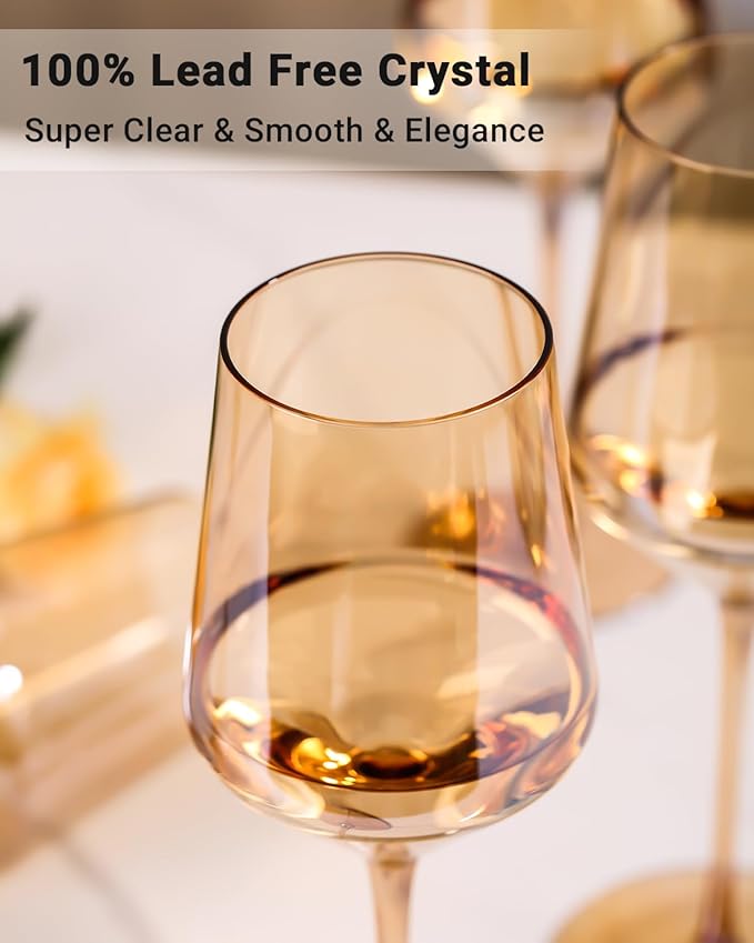 Physkoa Brown/Amber Wine Glasses Set of 6-15oz Hand Blown Crystal Colored Wine Glasses with Long Stem, Wedding, Birthday, Valentines Day Glassware