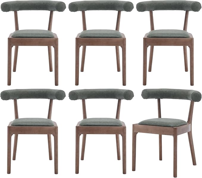 Wood Dining Chairs Set of 6, Mid Century Modern Living Room Chairs with Unique Curved Open Back Comfy Upholstered Side Chair for Kitchen/Restaurant/Reception, Faux Leather Green