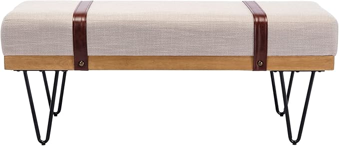 DUOMAY Industrial Modern Linen Rectangle Ottoman Bench with PU Strap and Metal Legs, Mid Century Dining Table Bench Footstool Entryway Shoe Bench for Bedroom Dining Room Living Room, Beige