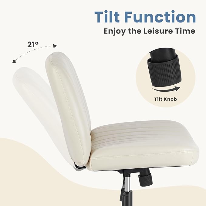 DUMOS Desk Chair No Wheels, Criss Cross Chair Wide Cross Legged Desk Vanity Chair, PU Leather Armless Adjustable Swivel Chairs for Home Computer Task Beige