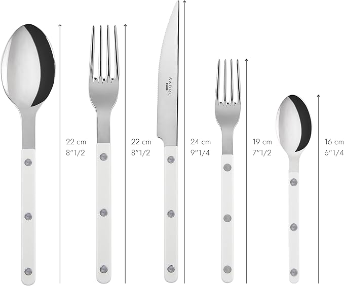 5-Piece Flatware Set - Bistrot Collection - Knife, Fork, Soup Spoon, Teaspoon & Dessert Fork - Stainless Steel & Nylon - Dishwasher Safe - White - Brilliant Finish