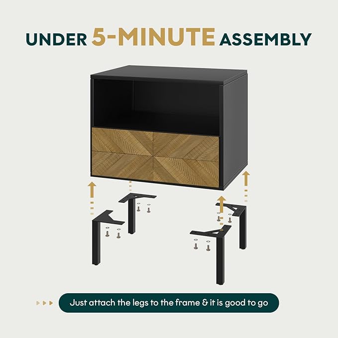 Bme Vivian Solid Wood Nightstand, End Table, Bedside Table with Herringbone Pattern for Rustic Bedroom, Easy Assembly, Rustic Seadrift and Black