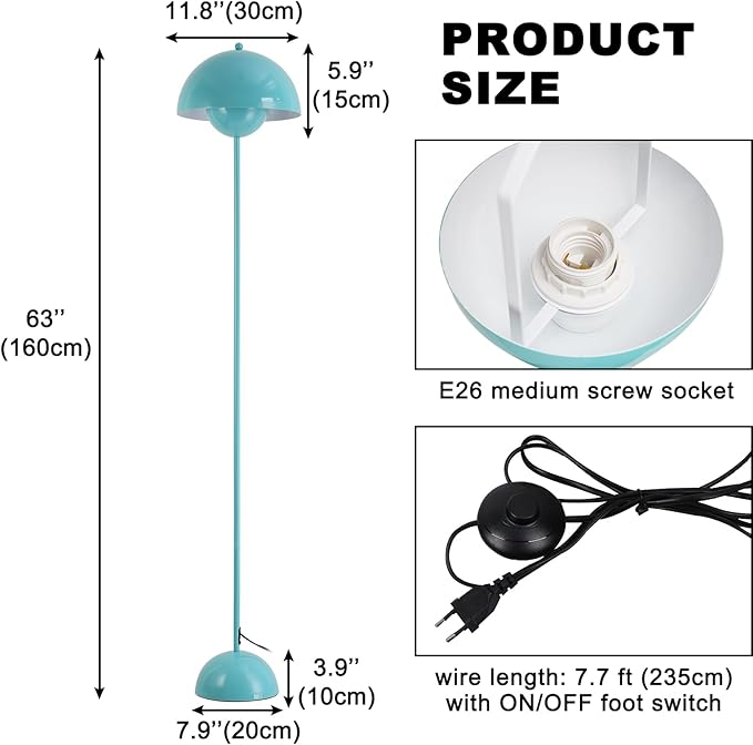 COSYLUX Modern Floor Lamp for Living Room, Industrial Tall Standing Lamp for Bedroom, Metal Shade Reflecting Light Reading Floor Lamp for Office, Nursery Room, Corner(Turquoise Blue)