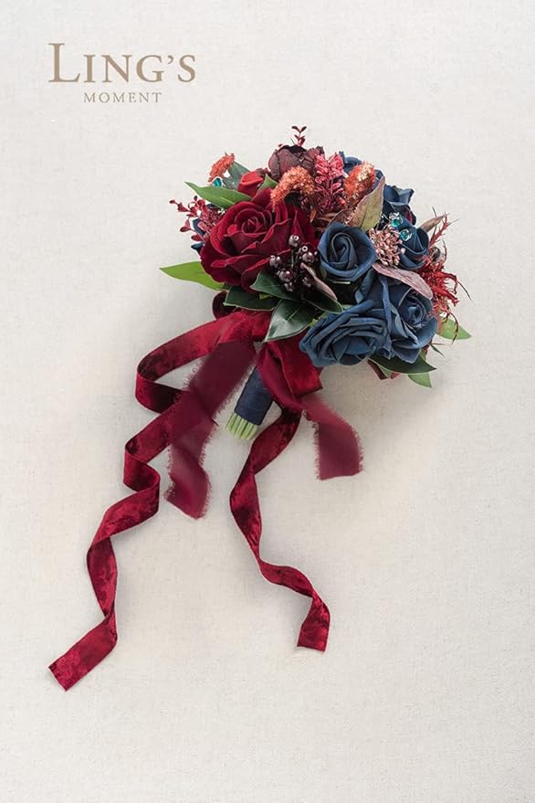 Ling's moment Artificial Flowers Burgundy and Navy Bridesmaid Bouquet, Wedding Flowers Bouquets for Bridesmaids, 7 Inch Bridal Bouquets for Bridesmaids, Wedding Decor, Anniversary, etc
