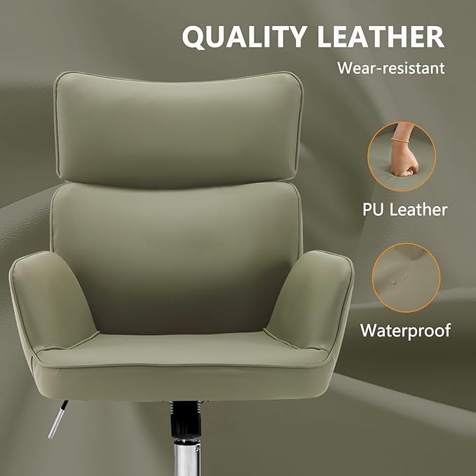 BV Adjustable Desk Chair with Wheels for Make Up, Faux Leather Rolling Armchair, 360° Swivel Comfy Task Chair for Home Office, Green