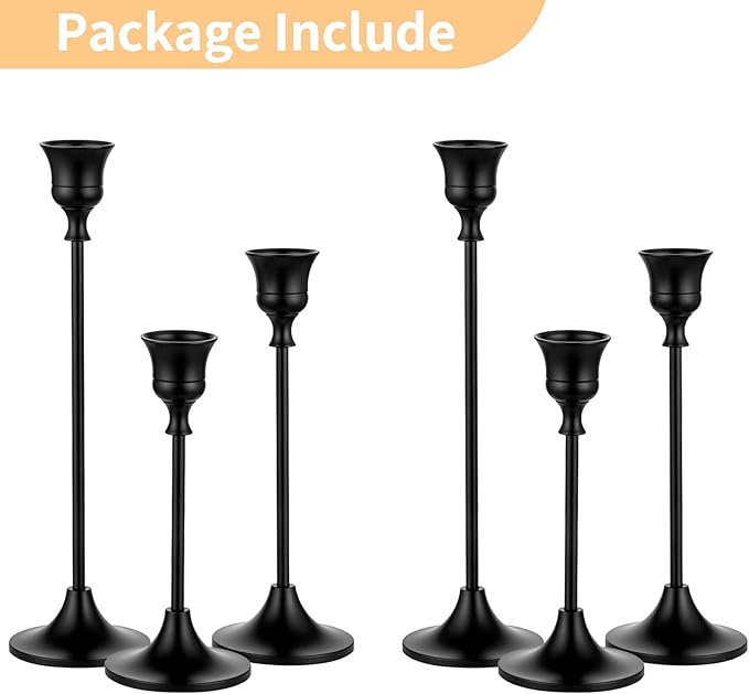 Nuptio Black Candle Holder Candlestick Holders Candle Sticks Holder Tapered Candle Holder Gothic Taper Candle Holders for Halloween Christmas Party Mantel Dinner Home Decoration 2 Sets(6 Pcs)