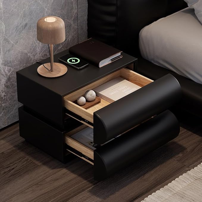 homary Black 3 Piece Bedroom Sets 6 Drawers Dresser and Smart Nightstands Set of 2 with Wireless Charging USB, Faux Leather Chest of Drawers Storage Drawers 3Pcs