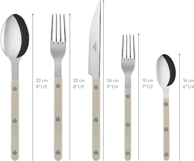 5-Piece Flatware Set - Bistrot Collection - Knife, Fork, Soup Spoon, Teaspoon & Dessert Fork - Stainless Steel & Nylon - Dishwasher Safe - Light Kaki - Brilliant Finish