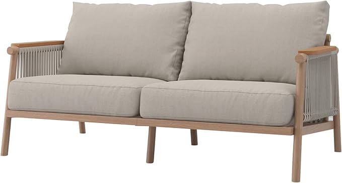 Acanva Modern All-Weather Aluminum Outdoor Sofa with Thick Cushions, Olefin Fabric Sunroom Backyard Furniture, Loveseat Light Khaki