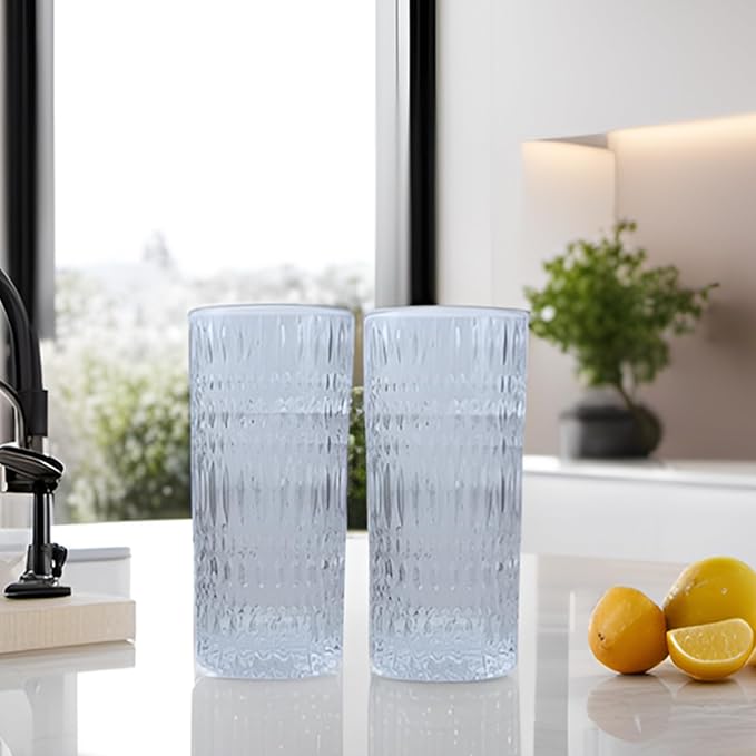 Highball Glasses Set of 4 15oz Vintage Glass Cups Fits Dinner Party - Unique Texture, Dishwasher Safe