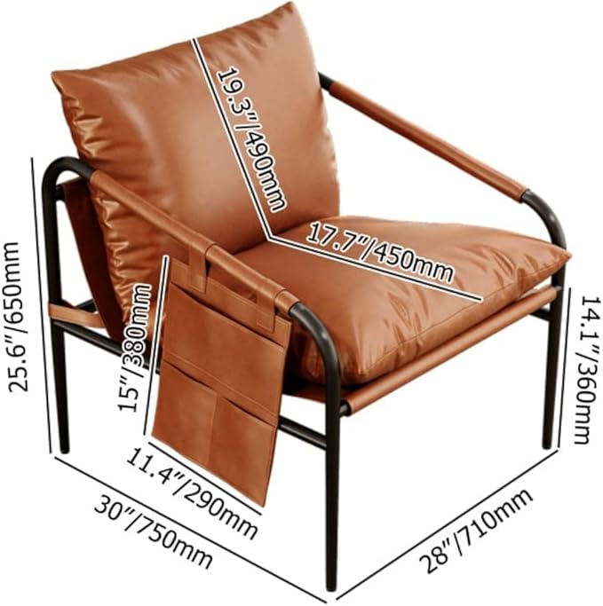 homary Brown Leather Accent Chair for Living Room Metal Frame, Padded Arms Side Pockets Granular Cotton Filling (Black & Brown)