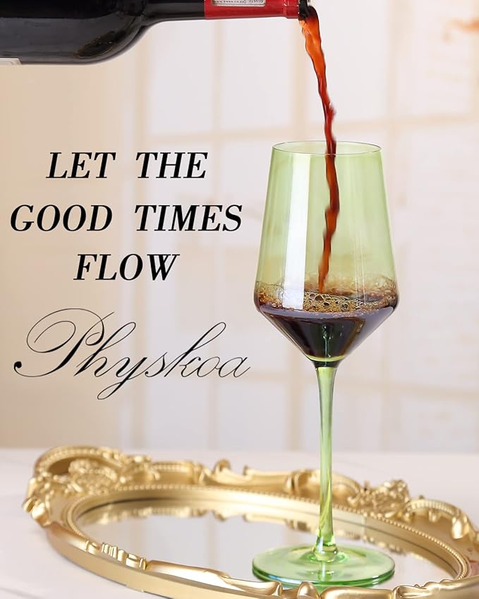 Physkoa Green Wine Glasses Set of 6-15oz Hand Blown Spring Wine Glasses Crystal Colored Glassware with Long Stem, Wedding, Birthday Gift