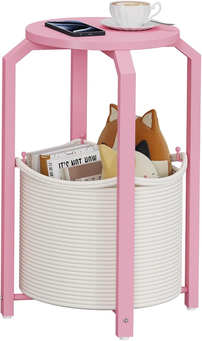 TUTOTAK Small Side Table, Round End Table, Night Stand, Bedside Table, Sofa Table with Storage Basket, Living Room, Bed Room, Pink TB01BP092