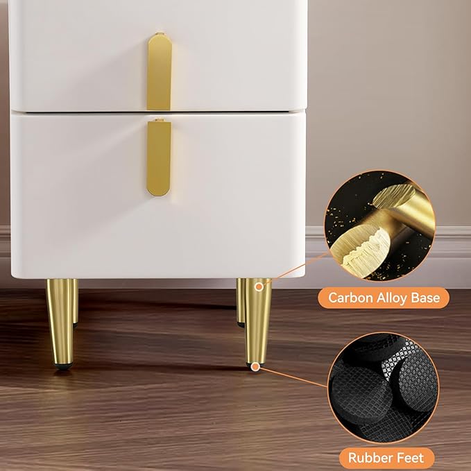 homary Modern Narrow Night Stand, Off White Nightstand with 2 Drawer, Beige Bedside Table in Gold Legs for Bedroom