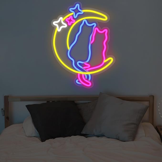 Moon Cat Neon Signs for Wall Decor Neon Lights for Bedroom Led Signs for Man Cave Bar Pub Kids Room Restaurant Christmas Birthday Party Pet Shop Gifts Led Art Wall Decorations