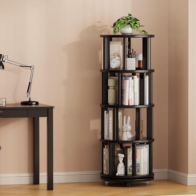 Solid Wood Rotating Bookshelf on Wheels, 4 Tier, Round Revolving Bookcase, 360° Spinning Book Shelf Tower for Kids, Narrow Rolling Bookshelves for Small Space, Corner, Bedroom, Office, Black