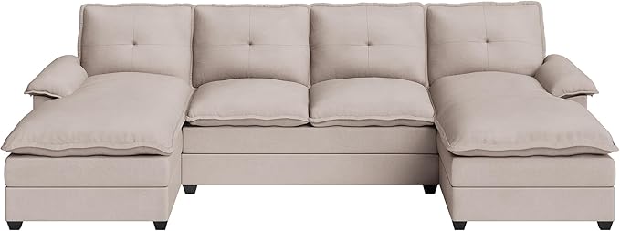 Meilocar U Shaped Sectional Sofa 4 Seat Cloud Couch Double Wide Chaise, Beige