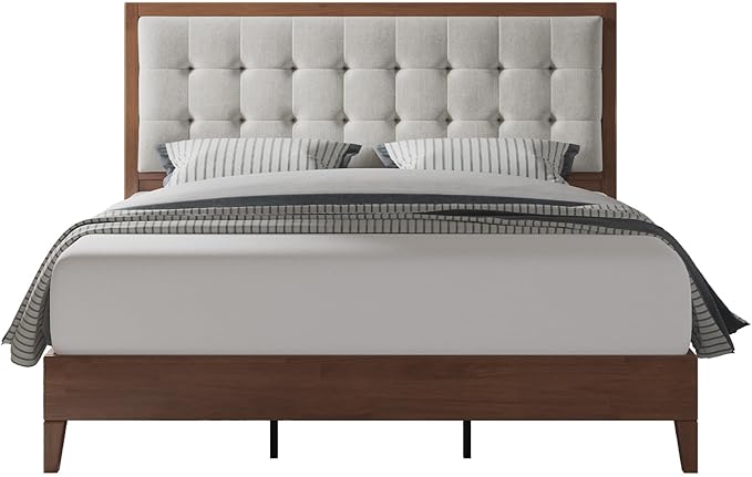 Jocisland Wood Full Size Bed Frame,Tall Upholstered Tufted Headboard, Solid Wood Platform, No Box Spring Needed, Walnut