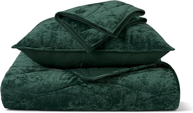 EVERGRACE Luxury Velvet Quilt Queen Size, Ultra Soft Wave Crushed Velvet Bedding Set, Lightweight Quilted Comforter Set for All Season, Oversized Bedspread Coverlet with 2 Shams, Emerald Green