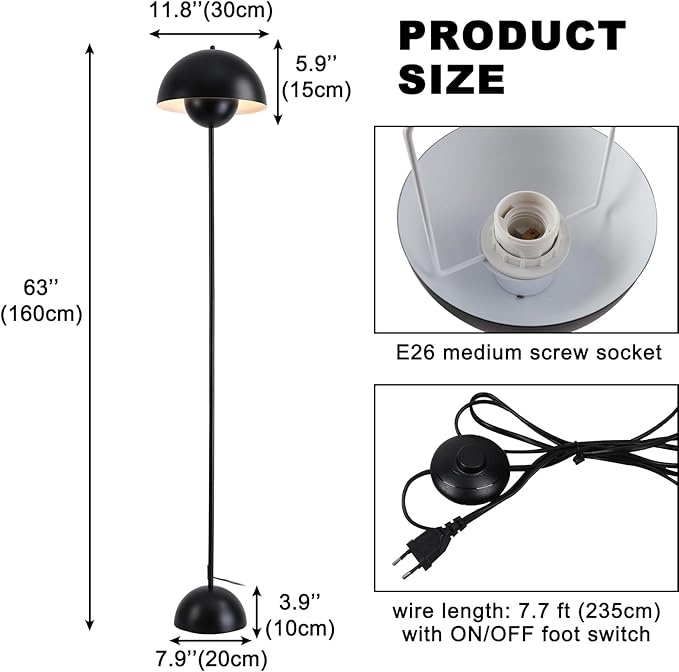 COSYLUX Modern Floor Lamp for Living Room, Industrial Tall Standing Lamp for Bedroom, Metal Shade Reflecting Light Reading Floor Lamp for Office, Nursery Room, Corner(Matte Black)