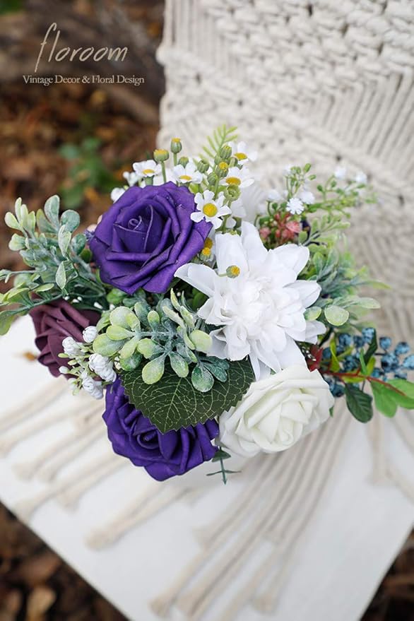 Floroom Artificial Flowers 25pcs Real Looking Dark Purple Foam Fake Roses with Stems for DIY Wedding Bouquets Bridal Shower Centerpieces Floral Arrangements Party Tables Home Decorations