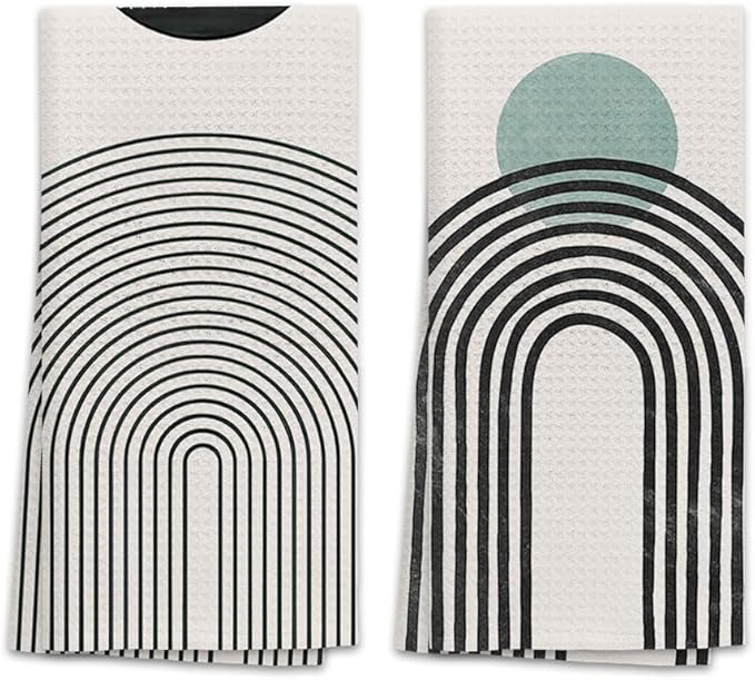 OHSUL Boho-Chic Sun Moon Line Rainbow Kitchen Towels Set of 2 Bohemian Mid Century Modern for Bathroom Green