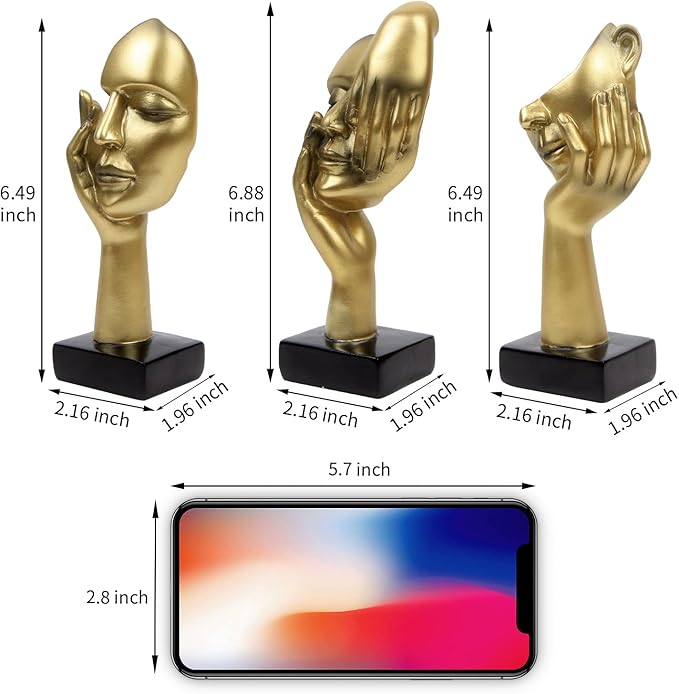 3 Pcs Thinker Statue,Modern Home Resin Sculptures, Decorative Objects Collectible Figurines for Home Office Bookshelf Desktop Decor(Golden)