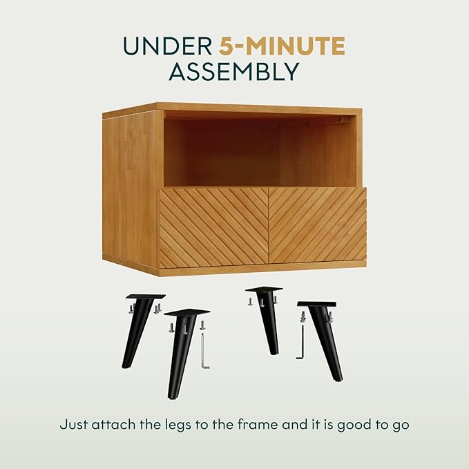 Bme Rhombus Wooden Nightstand with Storage Drawer – Solid Acacia Wood, Geometric Rhombus Pattern Front, Modern Scandinavian Side Table with Metal Base for Bedroom