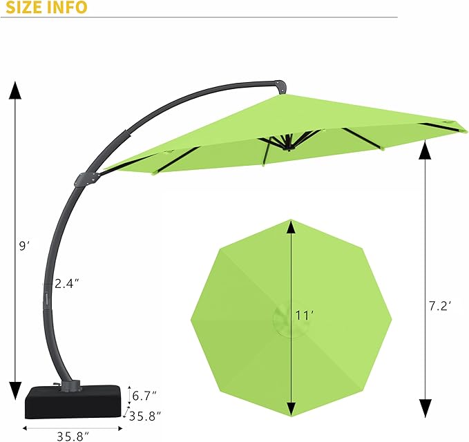 Kingdura 11ft Offset Cantilever Patio Umbrella with Base Included, Large Round Aluminum Outdoor Umbrella, 360° Rotation & Infinite Tilt, Heavy Duty Frame for Deck Pool Backyard, Apple Green