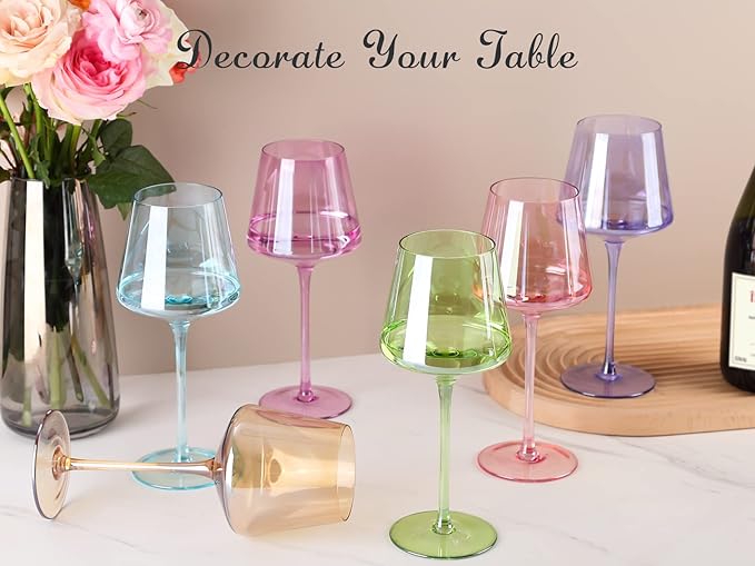 Physkoa Pink Wine Glasses Set 6-16oz Modern Pink Wine Glasses With Tall Long Stem and Flat Bottom,Pink Glassware for Wedding,Bridal Shower,Bachelorette Party