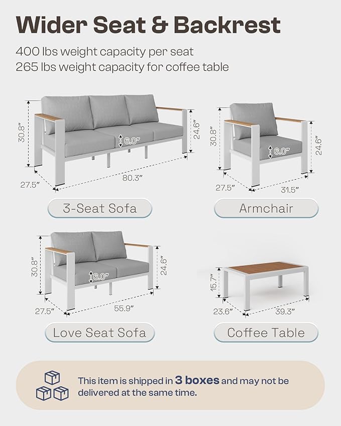 Aluminum Outdoor Chair Bistro Set, 3 Piece Outdoor Patio Furniture Set with Washable Thick Cushion, Patio Outdoor Chair Sectional Furniture Set for Porch, Balcony, Deck, Yard, White
