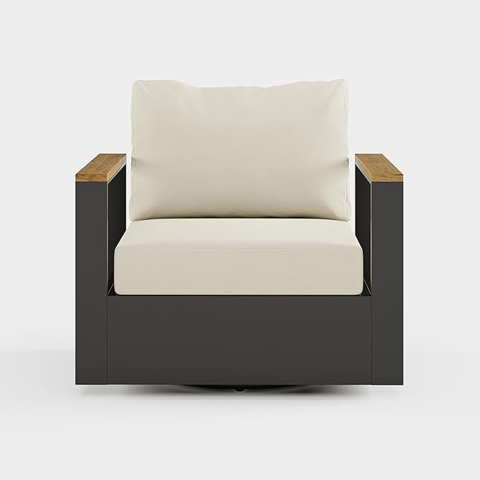 homary Outdoor Swivel Chair, Patio Chair Outdoor Seating with Beige Cushions, Aluminum Frame & Wood Accents, 360° Rotating Base, Weather-Resistant Upholstery for Patio or Deck
