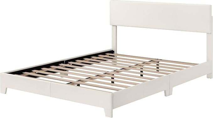Allewie Full Size Bed Frame with Adjustable Headboard, Faux Leather Platform Bed with Wood Slats, Heavy Duty Mattress Foundation, No Box Spring Needed, Noise-Free, Easy Assembly, White