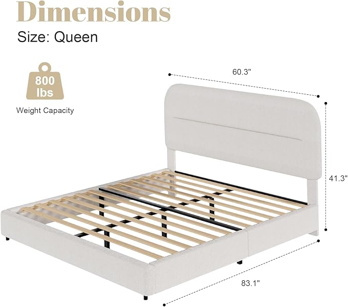 Full Size Boucle Bed Frame, Upholstered Full with Headboard, Soft BedFrame with Thickened Footboard, Soft Rounded Corners, No Box Spring Required, Easy Assembly, Cream