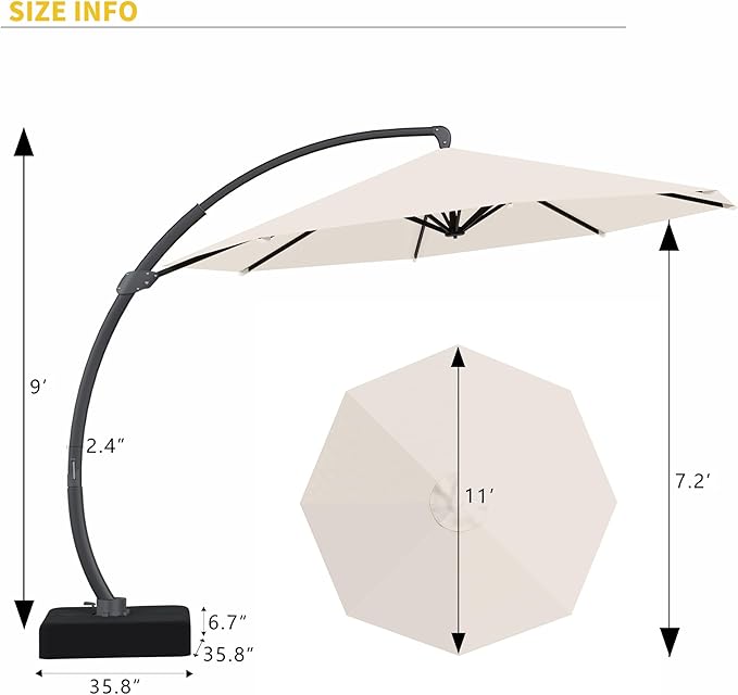 Kingdura 11ft Offset Cantilever Patio Umbrella with Base Included, Large Round Aluminum Outdoor Umbrella, 360° Rotation & Infinite Tilt, Heavy Duty Frame for Deck Pool Backyard, Creamy White