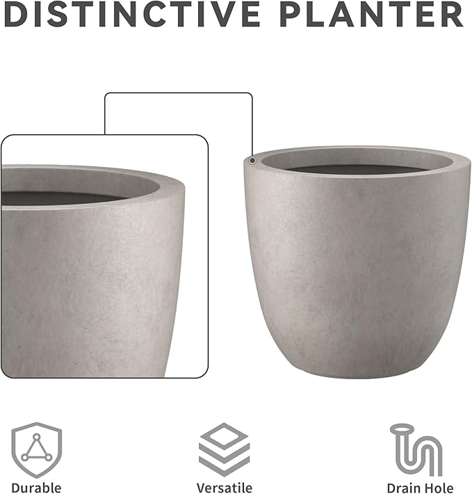 Kante 18 Inch Diameter Round Concrete Planter, Indoor Outdoor Large Plant Pot with Drainage Hole and Rubber Plug for Home Patio Garden, Buff Concrete
