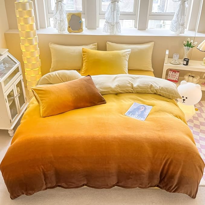 CLOTHKNOW Dark Orange Velvet Queen Comforter Set Fluffy Bedding Comforter Sets Dark Yellow Queen Comforter Soft Caramel Comforter Sets Queen