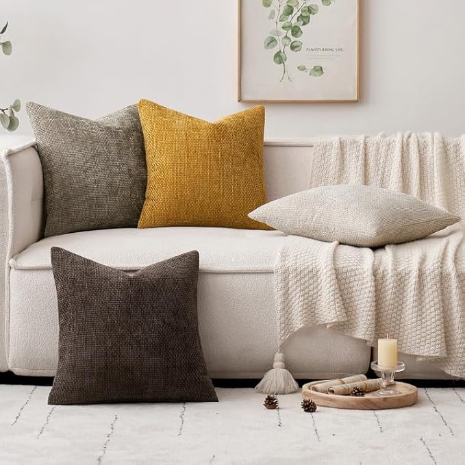 MIULEE Pack of 4 Throw Pillow Covers 18x18 Inch Neutral Gold/Brown Soft Decorative Chenille Pillow Covers Farmhouse Accent Cushion Covers for Boho Home Decor Bedroom Living Room