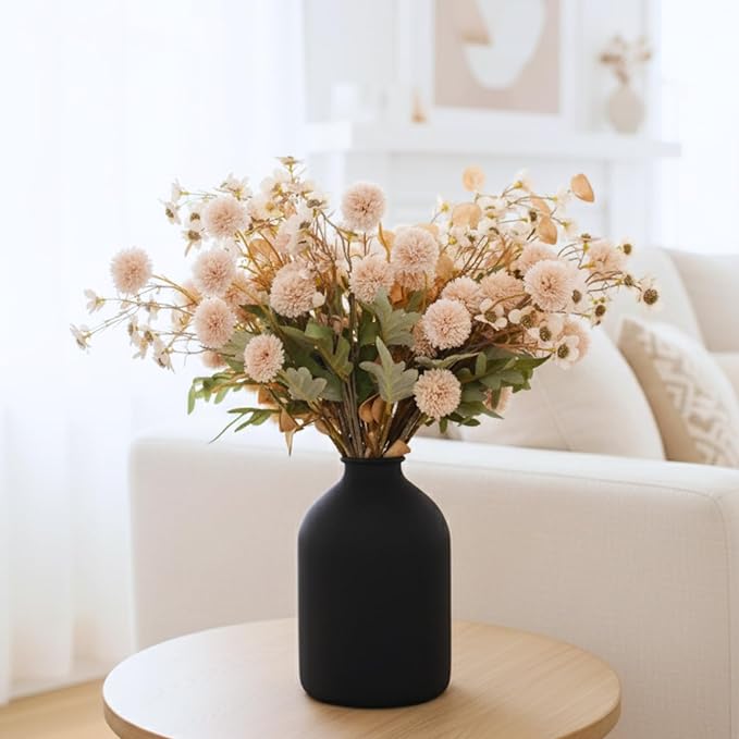 Beige Silk Flower Arrangements For Home Decor, Large Floral Centerpieces For Tables, Fake Mums + Eucalyptus + Wild Flowers in Bulk, Long Stem Artificial Flowers, Faux Mums Flowers