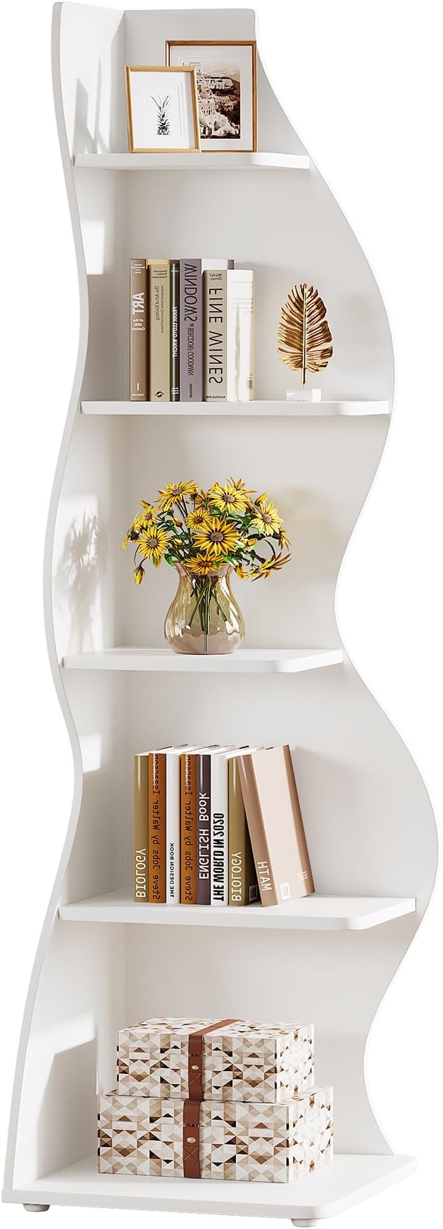 Tribesigns Wavy Corner Shelf, Modern 5-Tier Bookshelf Bookcase with Curvy Shape, Unique Plant Stand Display Rack for Living Room Small Space (White)