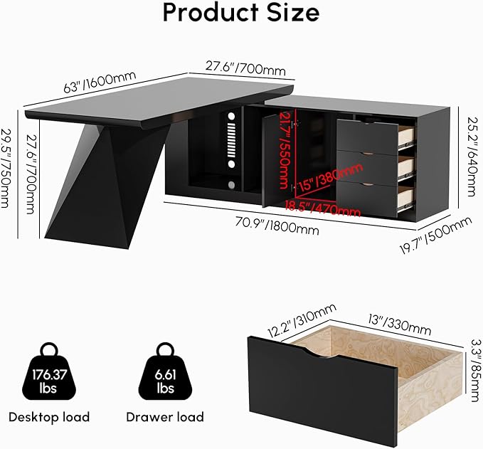 homary 70.9" Modern L-Shape Executive Desk Set, Home Office Desk with Home Office Executive Chair, Drawers & Cabinet Modern Computer Desk for Home Business Furniture, Black, Right Hand