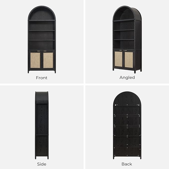 SICOTAS Book Shelf Arched Cabinet Bookshelf Arch 84.2" Tall Bookcase 5 Tier Large Bookshelves with Doors Storage Rattan Boho Wide Book Shelves Case for Living Room Kitchen Office Bedroom Library