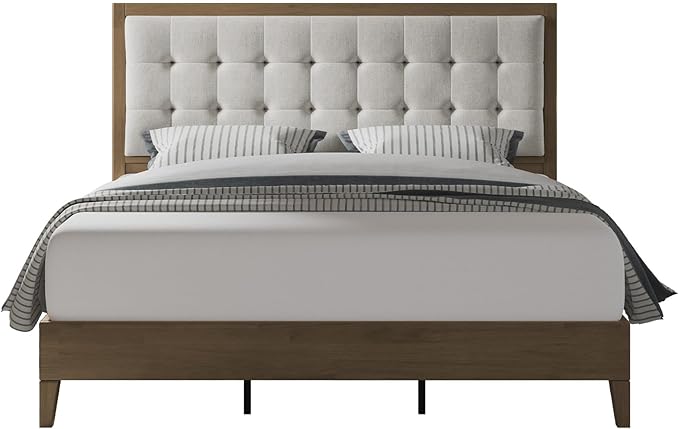 Jocisland Wood Full Size Bed Frame,Tall Upholstered Tufted Headboard, Solid Wood Platform, No Box Spring Needed, Ash Gray