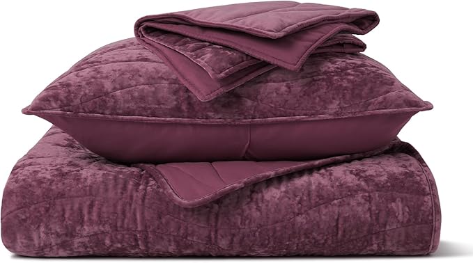EVERGRACE Luxury Velvet Quilt King Size, Ultra Soft Wave Crushed Velvet Bedding Set, Lightweight Quilted Comforter Set for All Season, Oversized Bedspread Coverlet with 2 Shams, Mauve Purple