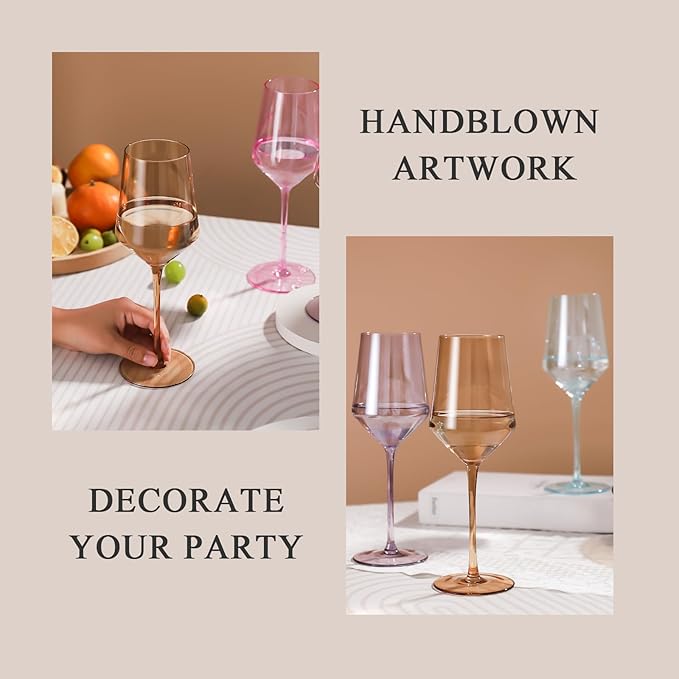 Physkoa 15oz Colored Wine Glasses Set of 6 – Elegant Long Stem Glassware for Wine, Party, Dinner, Housewarming, Birthday or Holiday Gift
