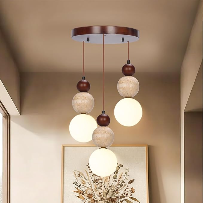 Wabi Sabi Pendant Light,3-Light Travertine Stone Fixture-Japandi Japanese Style Lamp,Nordic Wood Chandelier,Spherical Scandinavian Pendant Light Suits Kitchen Islands,Dining & Living Rooms(Walnut)