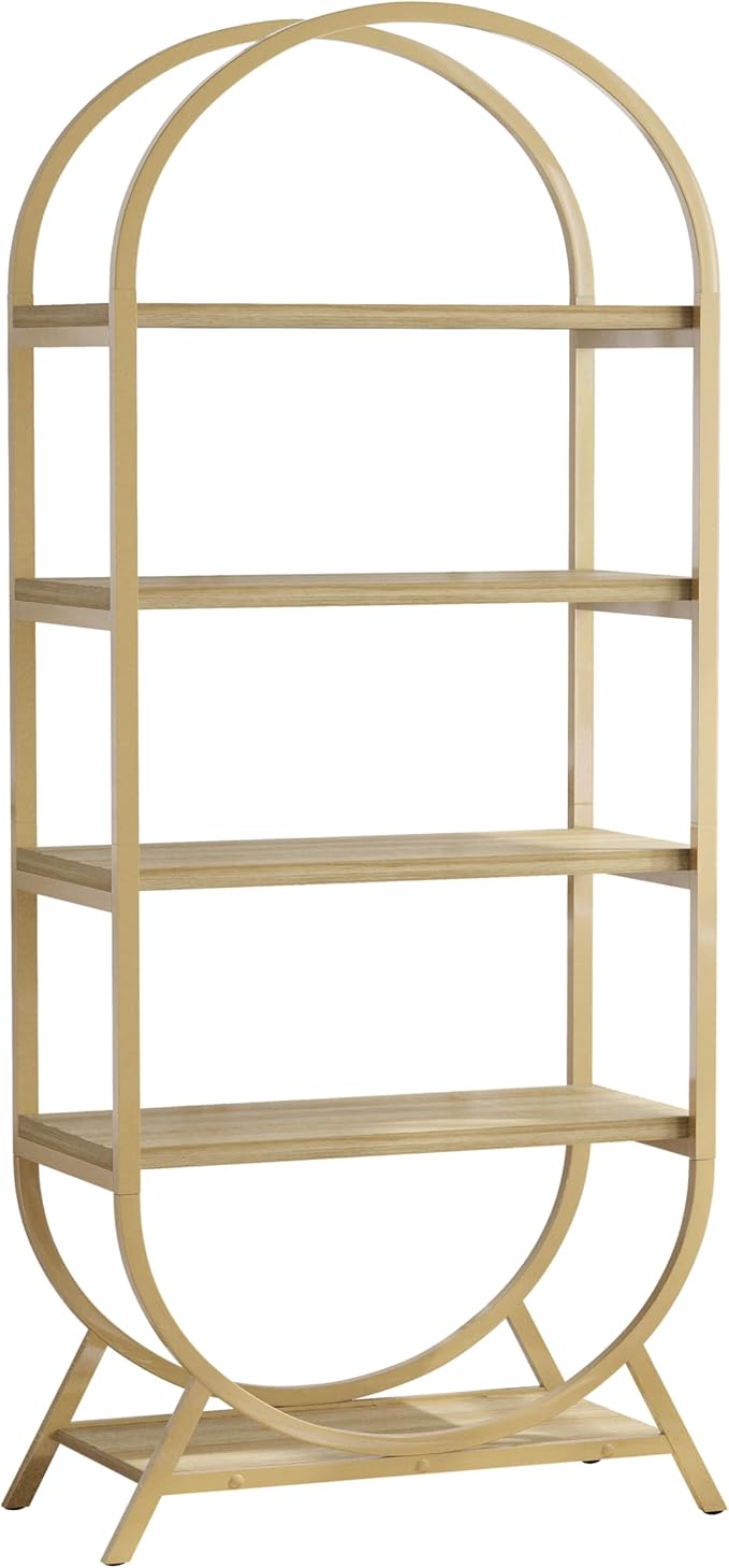 Arched Bookshelf,5-Tier Tall Wide Open Bookshelf,Modern Brown Storage Display Rack Shelving Unit for Office, Bedroom, Living Room, Easy Assembly, Gold and Nature Wood