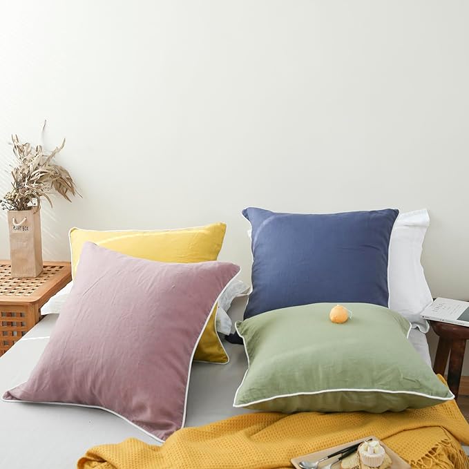 Simple&Opulence 100% Linen Euro Shams with White Trim Edges, 26"x26" Home Decorative Pillow Cover Set of 2, Basic Style Pillow Shams, White