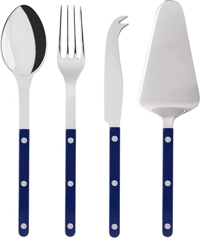 4-Piece Serving Set - Bistrot Collection - 2 Serving Flatware, Serrated Pie Server, Large Cheese Knife - Stainless Steel & Nylon - Dishwasher Safe - Navy Blue - Brilliant Finish