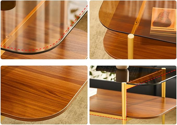 Saint Mossi Tadio Double Layer Glass Coffee Table for Living Room, Brown Glass & Coffee Brown MDF Bottom Shelf with Rounded Corners, L41xW21xH17